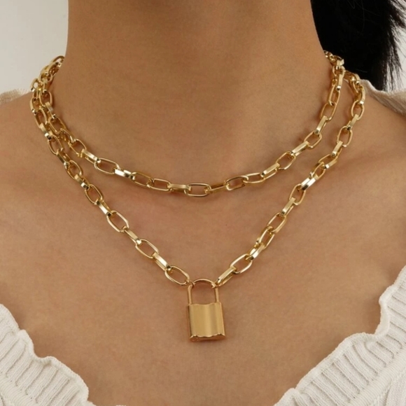 Lock charm layered necklace and bracelet set - Picture 1 of 5